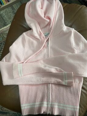 Pink Zip-Up Hooded Sweater with Stripe Trim
